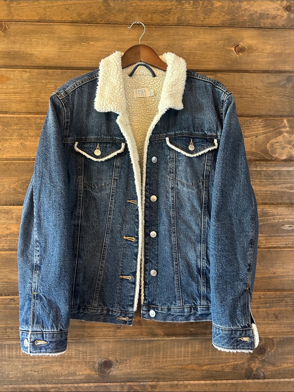 Time and Tru Dark Blue Denim Jacket with Cream Sherpa Collar
